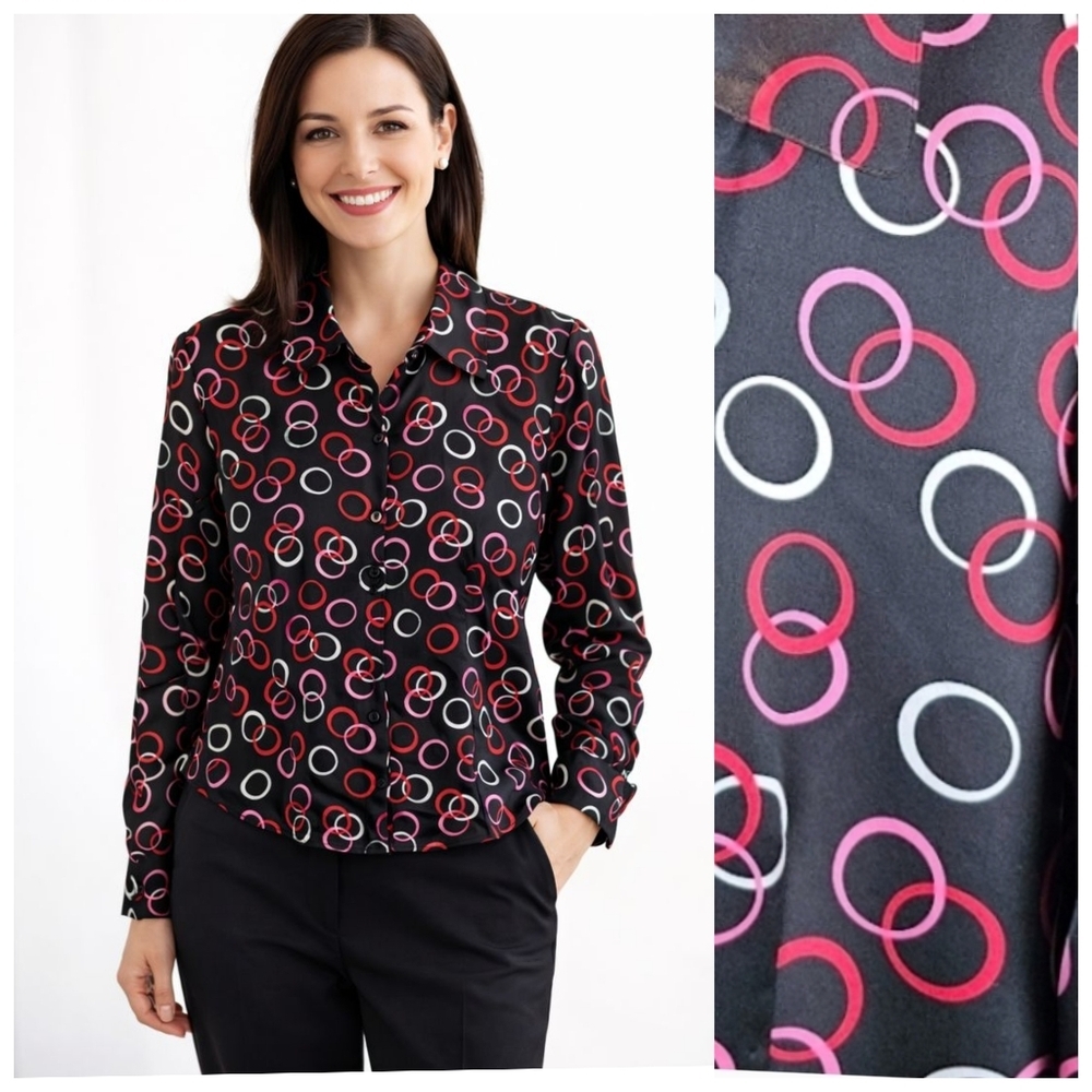 Style & Co. 100% Silk Circle Print Button Up Blouse Sz 12 Black Novelty Office